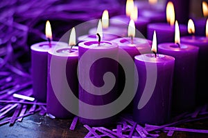 close-up of purple lenten candles on an altar