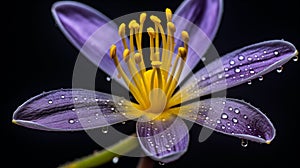 Close-up of a purple lily with golden stamens and water droplets