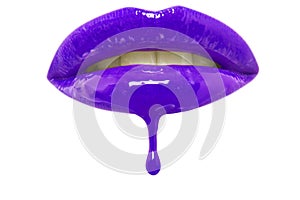 Close-up of Purple lip-gloss dripping from woman's lips over white background