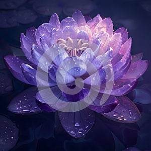 Close up of a purple lotus flower in a pond with vibrant violet petals