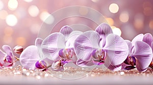 Close up of purple orchid branch on a light pink dreamy background with a sparkling diamonds