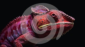 Close-up of a purple-red chameleon looking at the camera from side angle on the black background 1