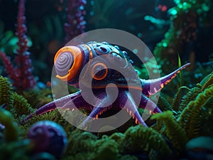 Close-up of a purple snail in an aquarium with plants.