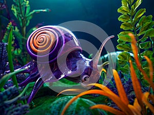 Close-up of a purple snail in an aquarium with plants.
