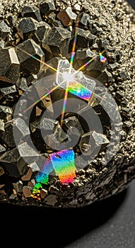 Close-up of a pyrite cluster with metallic luster and cubic formations. The surface