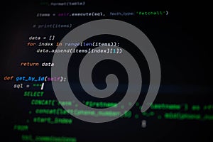 Close-up of Python loop extracting data from SQL results and defining a get_by_id function for targeted database queries. Ideal