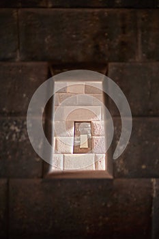 Close-up of Qoricancha palace interior window in Cusco, Peru