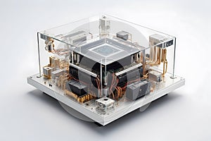 A close up of a quantum computer with an isolated background