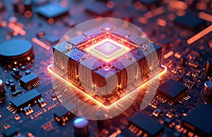 Close-up of quantum computer processor, glowing cube on circuit board. Computing, future tech background. Central processing