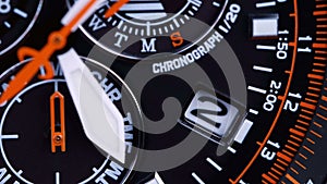 Close-up of a quartz watch with a chronograph.