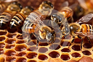close-up of queen bee among worker bees on comb