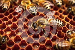 close-up of queen bee among worker bees on comb