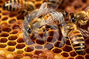 close-up of queen bee among worker bees on comb