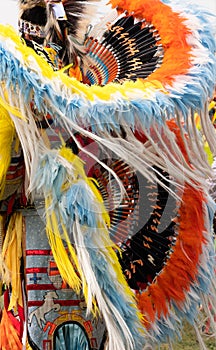 Close Up of Quill and Feather Headdress and Bustle Worn by Fancy Pow Wow Dancer