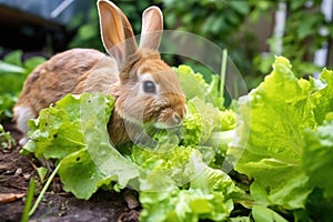 close-up of a rabbit munching on lettuce in a garden