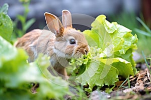 close-up of a rabbit munching on lettuce in a garden