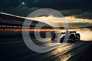 A close up of a race car on a racetrack with a dramatic background
