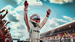 Close up of racing driver celebrate winning while putting in the air. AIG42.