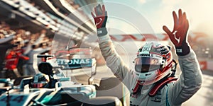 Close up of racing driver celebrate winning while putting in the air. AIG42.