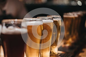 Close up of a rack of different kinds of beers, dark to light, on a table.