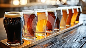 Close up of a rack of different kinds of beers, dark to light, on a table.