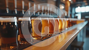 Close up of a rack of different kinds of beers, dark to light, on a table.