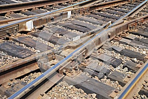 Close up a rail and railway cross ties