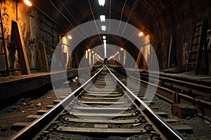 close-up of rail tracks in underground subway tunnel