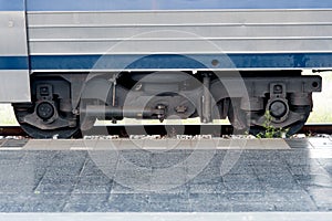 Close up Rail wheel on track in train station