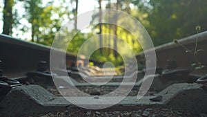 Close-up Railroad Going Through the Forest. Focus Falls on the Concrete Sleeper. Metal Rails, Rail Transport Concept