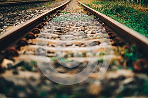 Close up railway track in the evevning , Vintage color concept , Railroad tracks