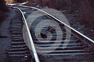 Close-up of railway tracks in the industrial zone. Travel.