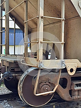 Close-up of railway wheels on rails, which support high loads rigidly coupled to the same axle, forming sets of wheels