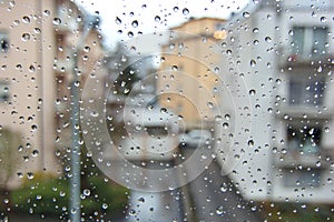 Close-up rain drops on a window