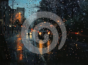 A close up of a rain drops on window with lights in the background, AI