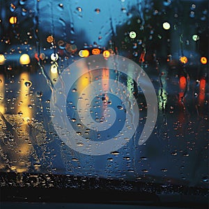 A close up of a rain drops on windshield with lights in the background, AI