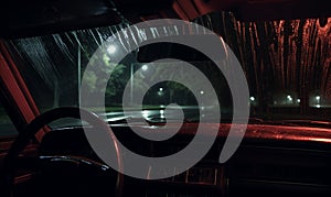 A close up of a rain drops on windshield with lights in the background, AI