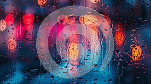 A close up of a rain soaked window with lights in the background, AI