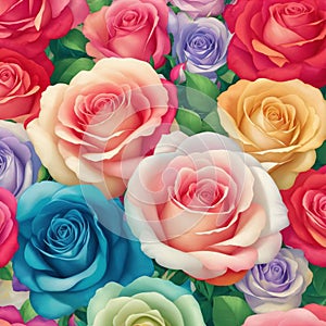 a close-up of a rainbow roses patterns background with white flowers. AI-Generated.