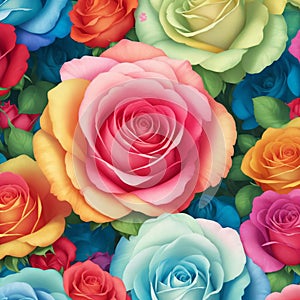 a close-up of a rainbow roses patterns background with white flowers. AI-Generated.