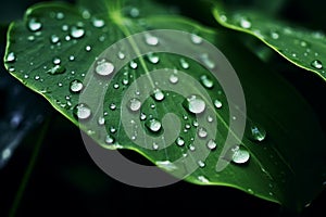 Close up raindrops falling on green leaf in serene nature inspired style plant after rain outdoors with bubble clear