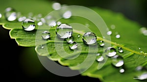 Close-up of raindrops magnifying the texture of a leaf