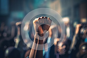 Close up of raised fist of afro american man in large angry protest riot crowd of people in blurry background