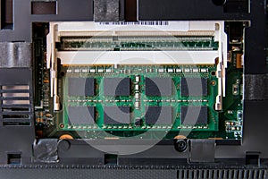 Close up RAM stick on Socket laptop
