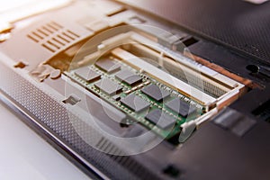 Close up RAM stick on Socket laptop