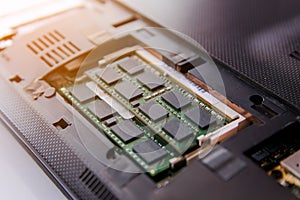 Close up RAM stick on Socket laptop