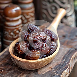 Close up Ramadan concept Wooden spoon with Medjool dates, highly nutritious