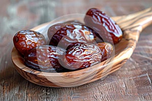 Close up Ramadan concept Wooden spoon with Medjool dates, highly nutritious
