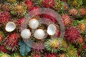 Close up Rambutan peeled. Top view Healthy fruits rambutans in a supermarket local market of ready to eat, sweet Thai fruit.