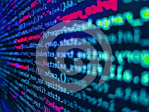 Close up of random computer code comprised of numbers and letters. Coding application by programmer developer. Data encryption